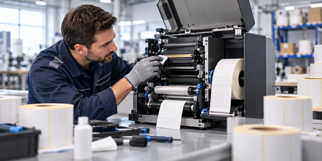 Tecnico durante la manutenzione professionale di una stampante per etichette
