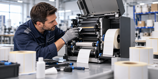 Tecnico durante la manutenzione professionale di una stampante per etichette